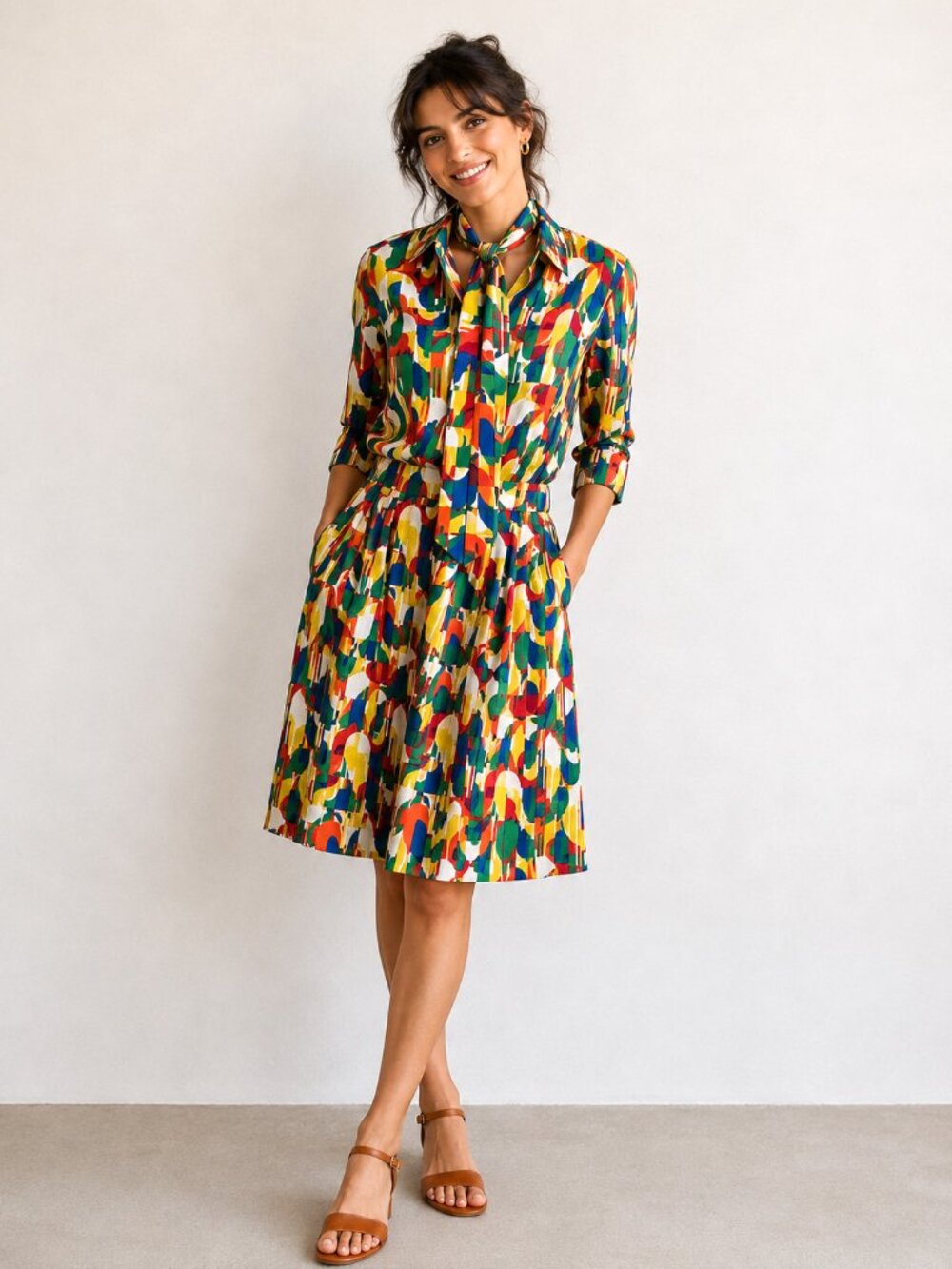 Vintage Creeds 70s Geometric Print Skirt + Top Set w Matching tie XS